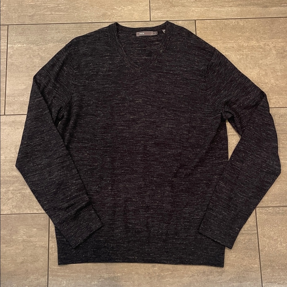VINCE SWEATER, wool & linen, v neck with chest pocket, large, heathered black